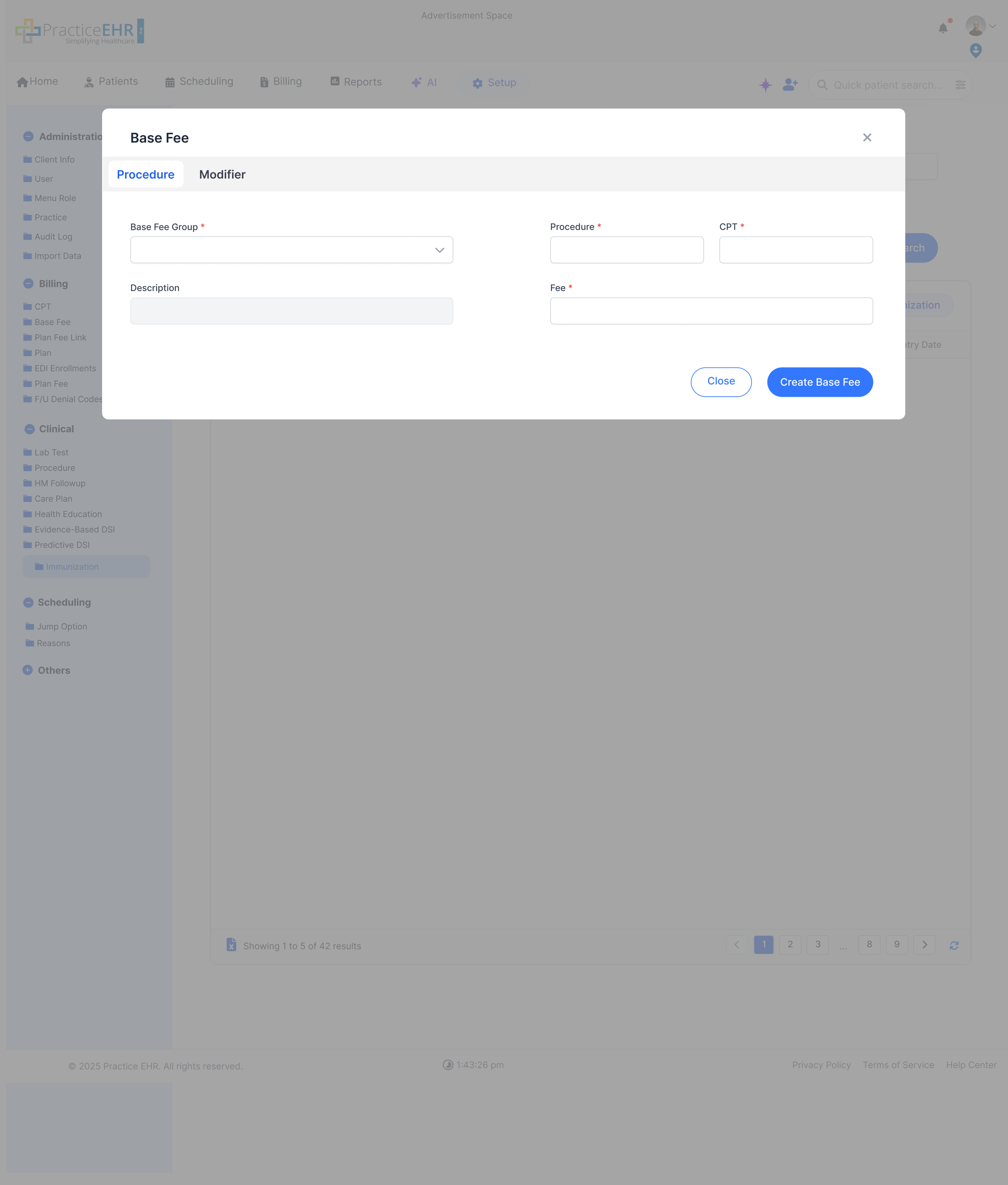 Create Base Fee screen